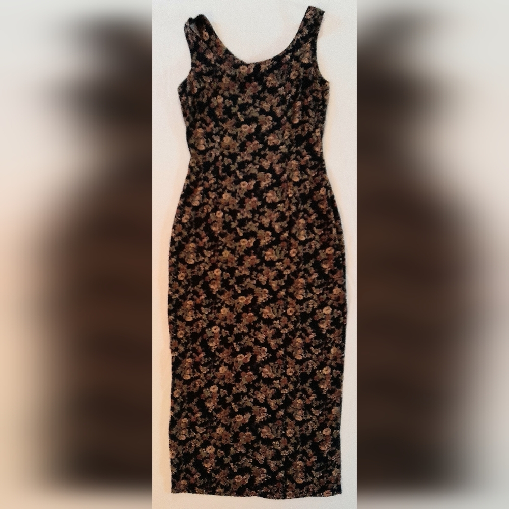 90'S Black Floral Sheath Dress Side Slit